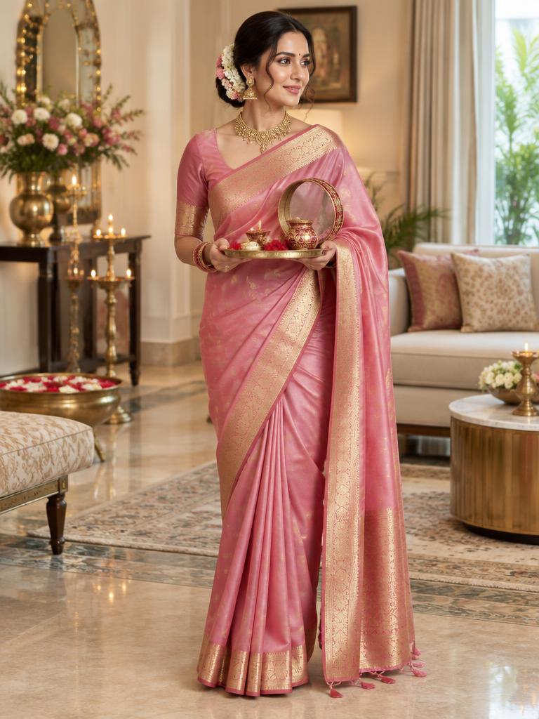 Rose pink silk saree with coordinated gold jewellery and a floral bun for Karwa Chauth