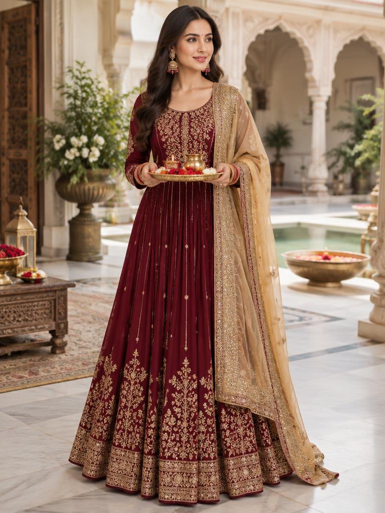 Wine red anarkali with a gold dupatta and coordinated accessories for Karwa Chauth